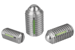 Poussoirs à ressort avec fente et bille, inox, avec frein-filet Poussoirs à ressort avec fente et bille, inox, avec frein-filet