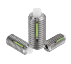 Pressori a molla con esagono incassato e puntale in POM spianato, acciaio inox, con frenafiletto Pressori a molla con esagono incassato e puntale in POM spianato, acciaio inox, con frenafiletto