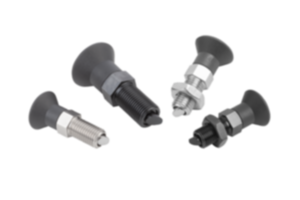 Doigt d'indexage en acier ou en inox avec bouton de manœuvre en plastique, protection anti-rotation et chanfrein d'introduction Doigt d'indexage en acier ou en inox avec bouton de manœuvre en plastique, protection anti-rotation et chanfrein d'introduction