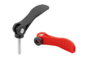 Levier à serrage rapide en plastique avec taraudage ou filetage, rondelle de pression en plastique et goujon fileté en acier ou en inox Levier à serrage rapide en plastique avec taraudage ou filetage, rondelle de pression en plastique et goujon fileté en acier ou en inox