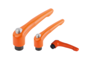 Leve di serraggio in zinco pressofuso con filettatura interna e tappo di protezione, arancio puro satinato, inserto filettato in acciaio brunito Leve di serraggio in zinco pressofuso con filettatura interna e tappo di protezione, arancio puro satinato, inserto filettato in acciaio brunito