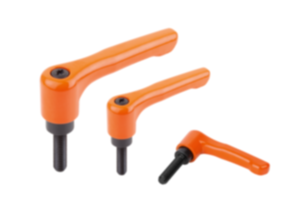 Clamping levers, die-cast zinc, flat with external thread, pure orange satin finish, threaded insert black oxidised steel Clamping levers, die-cast zinc, flat with external thread, pure orange satin finish, threaded insert black oxidised steel