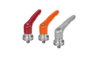 Clamping levers, die-cast zinc with external thread and clamping force intensifier, satin finish, threaded insert stainless steel Clamping levers, die-cast zinc with external thread and clamping force intensifier, satin finish, threaded insert stainless steel