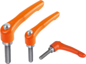 Leva di serraggio in zinco pressofuso con filettatura esterna e tappo di protezione, arancione puro satinato, inserto filettato in acciaio inox Leva di serraggio in zinco pressofuso con filettatura esterna e tappo di protezione, arancione puro satinato, inserto filettato in acciaio inox