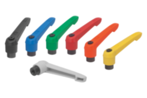 Leva di serraggio in plastica, con filettatura interna e ghiera dentata in zinco, inserto filettato in acciaio brunito Leva di serraggio in plastica, con filettatura interna e ghiera dentata in zinco, inserto filettato in acciaio brunito
