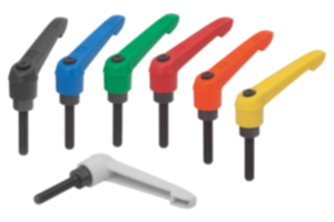 Clamping levers, plastic, with external thread and zinc toothed ring, threaded insert black oxidised steel Clamping levers, plastic, with external thread and zinc toothed ring, threaded insert black oxidised steel