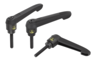 Clamping levers, plastic, antistatic with external thread, threaded insert black oxidised steel Clamping levers, plastic, antistatic with external thread, threaded insert black oxidised steel