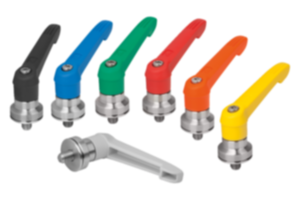 Clamping levers, plastic with external thread and clamping force intensifier, threaded insert stainless steel Clamping levers, plastic with external thread and clamping force intensifier, threaded insert stainless steel