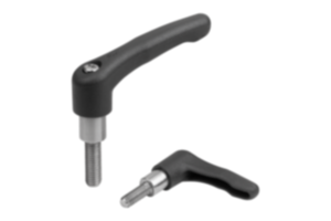 Maniglie a leva in plastica con filettatura esterna e collare allungato, inserto filettato in acciaio inox Maniglie a leva in plastica con filettatura esterna e collare allungato, inserto filettato in acciaio inox