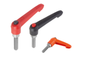 Maniglie a leva in plastica con filettatura esterna e pulsante, inserto filettato in acciaio inox Maniglie a leva in plastica con filettatura esterna e pulsante, inserto filettato in acciaio inox