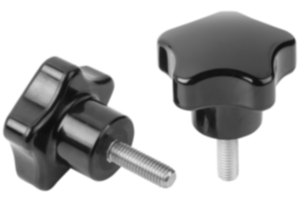Five lobe grip, plastic (thermoset) with external thread, threaded insert steel or stainless steel Five lobe grip, plastic (thermoset) with external thread, threaded insert steel or stainless steel