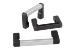 Maniglie a staffa in alluminio con supporto laterale in plastica e traversino zigrinato, montaggio dal retro Maniglie a staffa in alluminio con supporto laterale in plastica e traversino zigrinato, montaggio dal retro