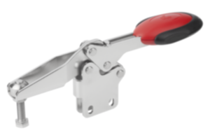 Ginocchiera di serraggio rapido orizzontale con chiusura di sicurezza con piede perpendicolare e mandrino pressore regolabile, acciaio inox Ginocchiera di serraggio rapido orizzontale con chiusura di sicurezza con piede perpendicolare e mandrino pressore regolabile, acciaio inox