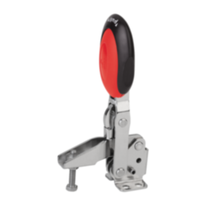Ginocchiera di serraggio rapido verticale con chiusura di sicurezza con piede orizzontale e mandrino pressore regolabile, acciaio inox Ginocchiera di serraggio rapido verticale con chiusura di sicurezza con piede orizzontale e mandrino pressore regolabile, acciaio inox