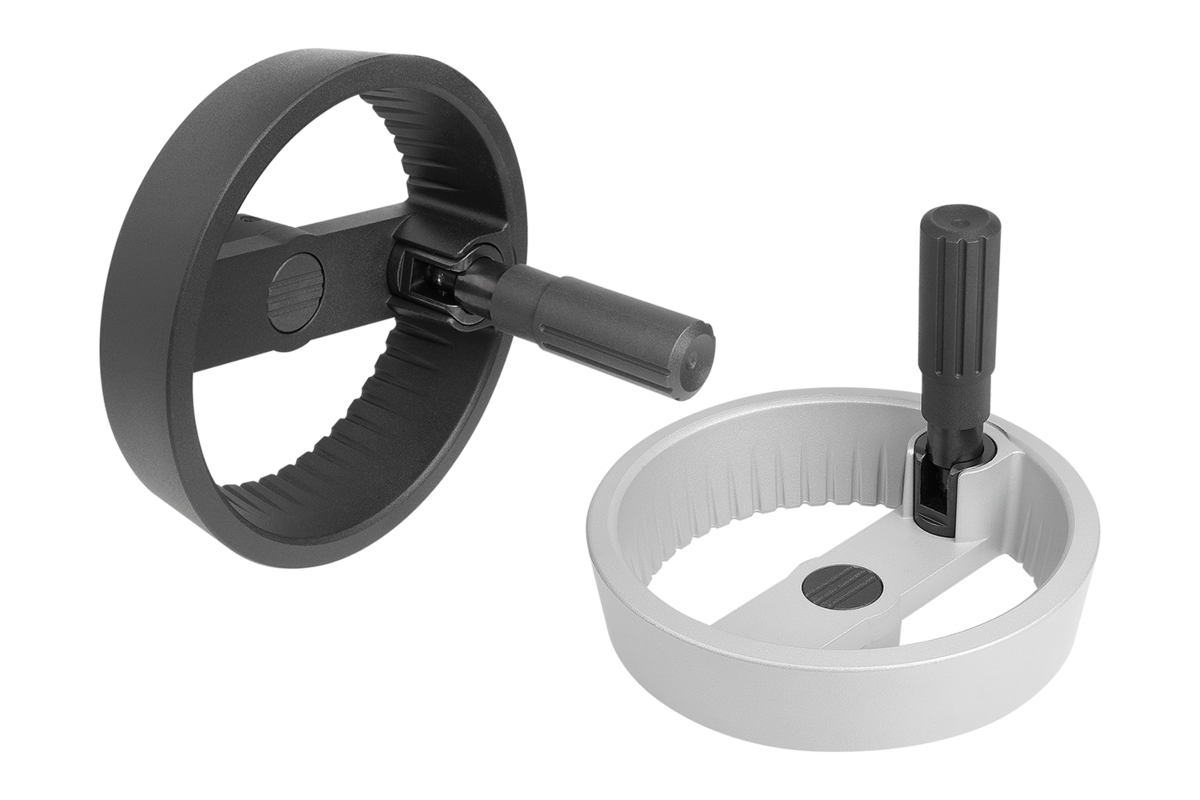 2-Speichenhandräder Aluminium mit Zylindergriff umlegbar, Form B, mit Passbohrung, Passfedernut und Querbohrung