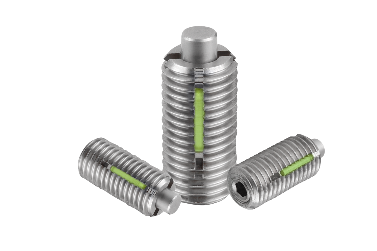 Federnde Druckstücke mit Innensechskant und Druckstift abgeflacht, Edelstahl, mit Gewindesicherung