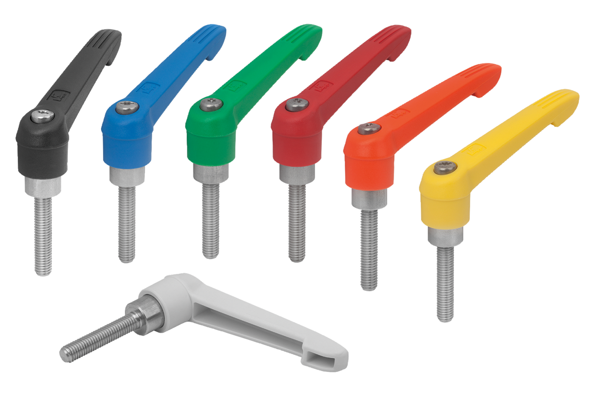 Manette indexable en plastique avec filetage, insert fileté en inox