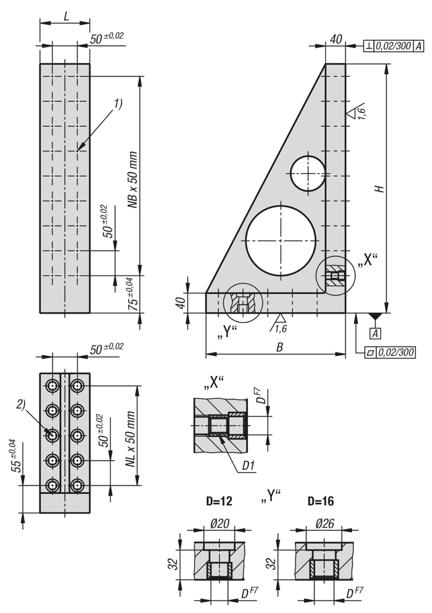 Équerres simples étroites en fonte grise avec trame modulaire