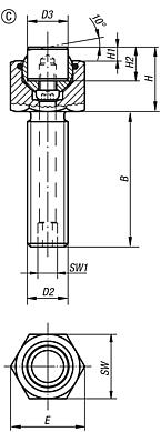 Supports à bille oscillante réglables, avec joint torique et inserts interchangeables, forme C, insert acier avec plat, lisse