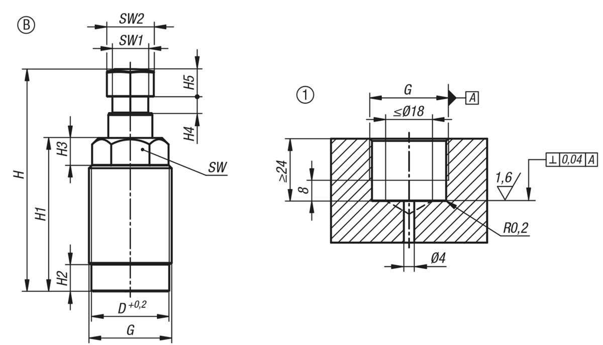 Abstützelemente hydraulisch einschraubbar, Form B, Anlegen per Feder