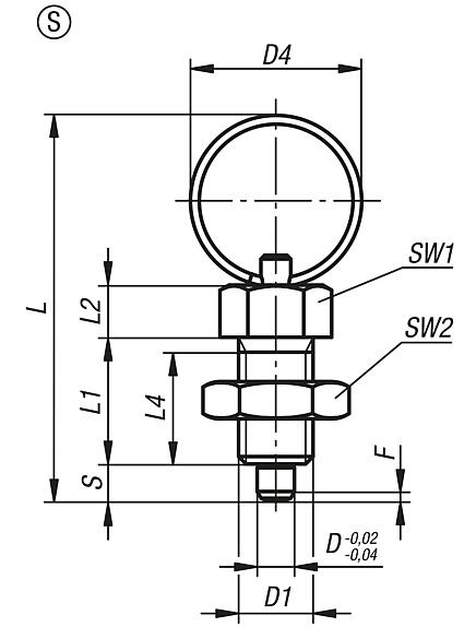 Doigt d'indexage en acier ou en inox avec anneau de traction en inox et contre-écrou