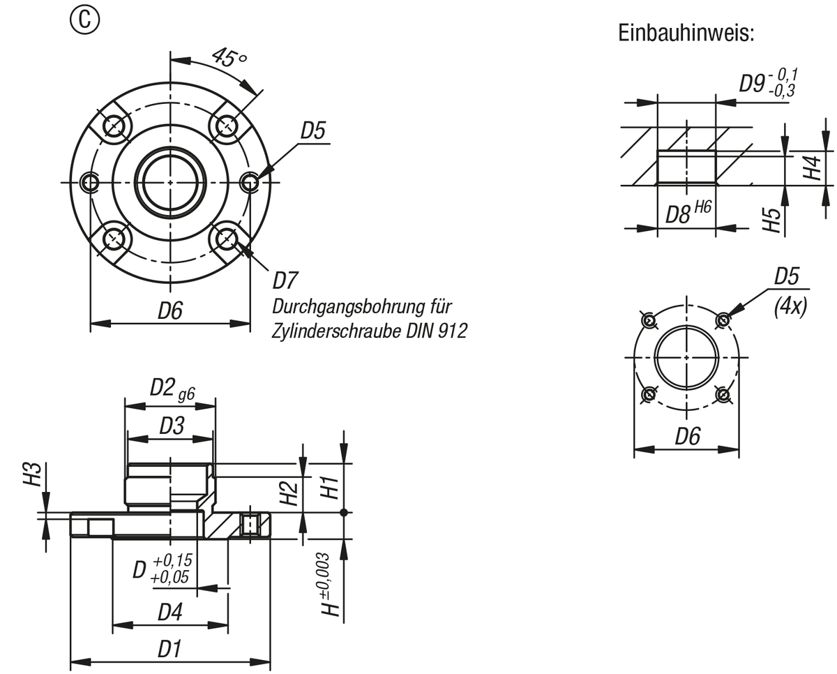 Aufnahmebuchsen für Positionierzylinder pneumatisch, Form C