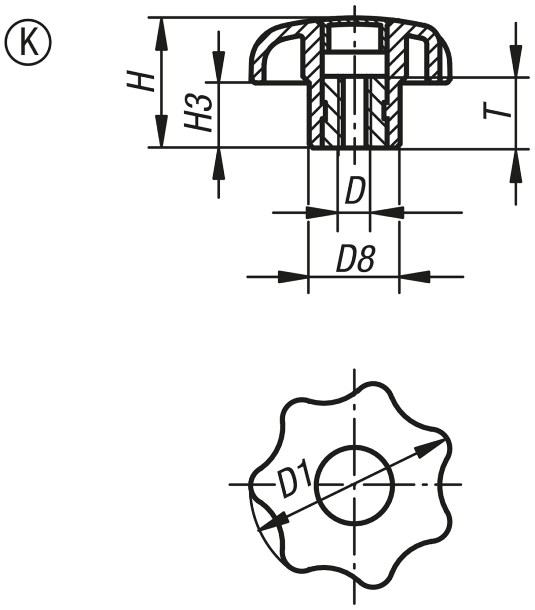 Sterngriffe Biopolymer ähnlich DIN 6336 Stahlteile Edelstahl, Form K