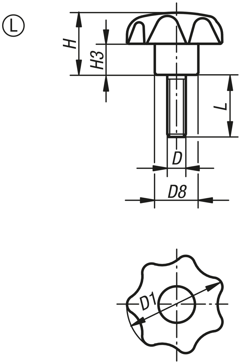 Sterngriffe Biopolymer ähnlich DIN 6336 Stahlteile Edelstahl, Form L 