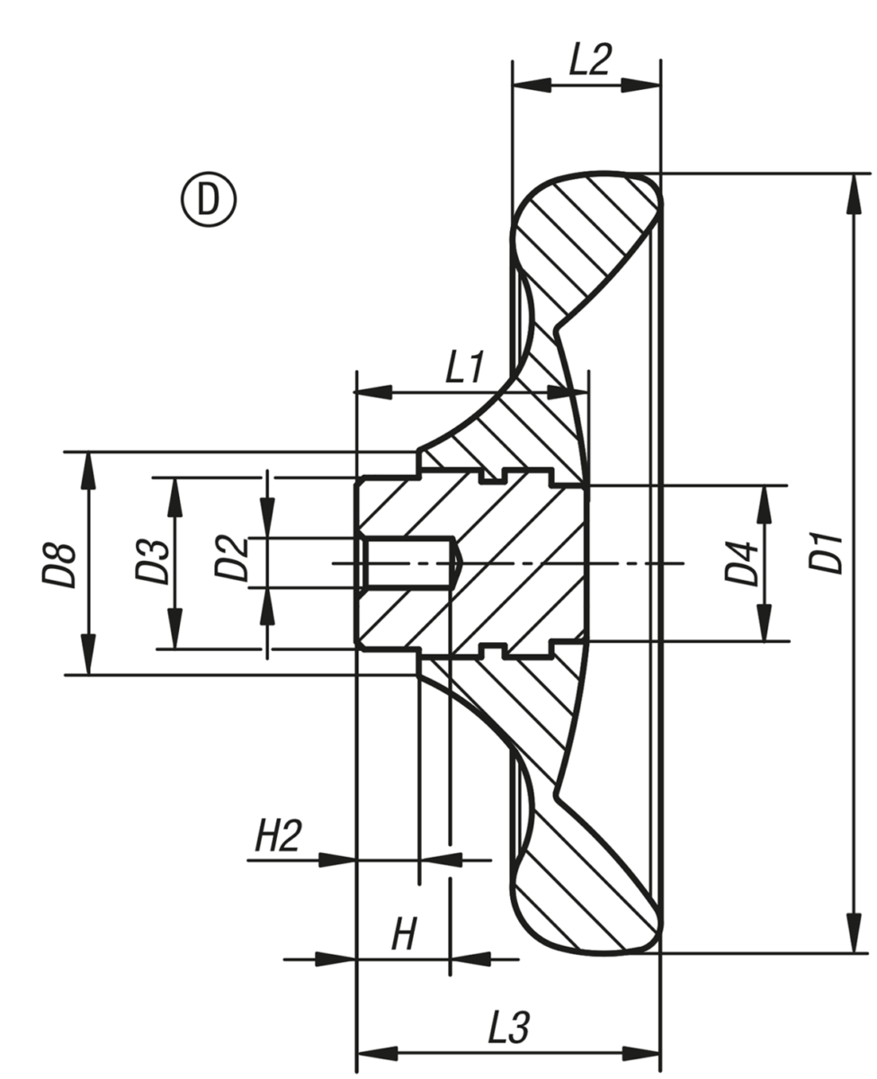 Scheibenhandräder ohne Griff, Buchse Stahl Form D, vorgebohrt