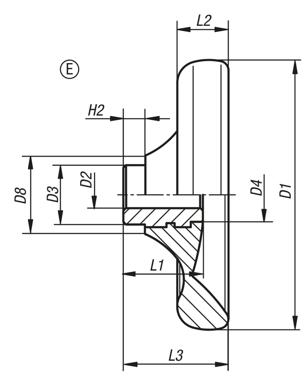 Scheibenhandräder ohne Griff, Buchse Stahl Form E, mit Passbohrung