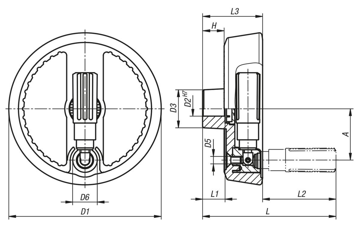 2-Speichenhandräder Aluminium mit Zylindergriff umlegbar, Form E, mit Passbohrung