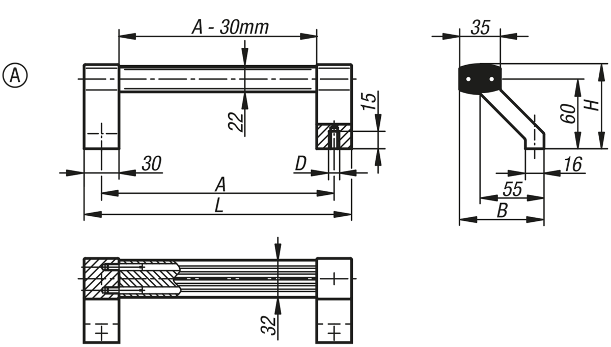 Rohrgriffe Aluminium mit Aluminium-Griffschenkel, schrägstehend, Form A