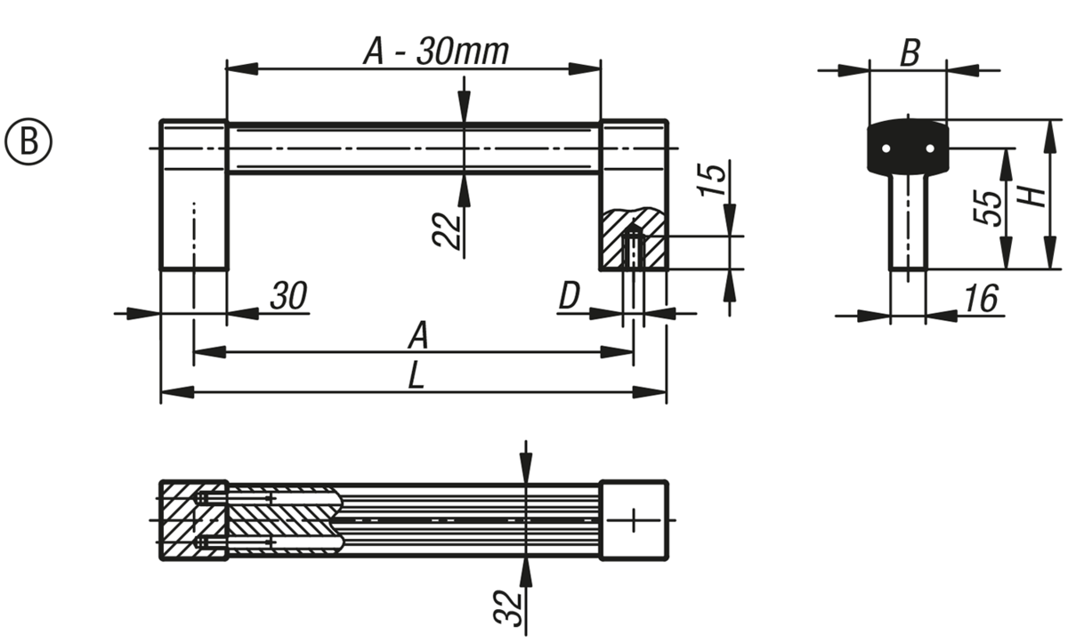 Rohrgriffe Aluminium mit Aluminium-Griffschenkel, Form B