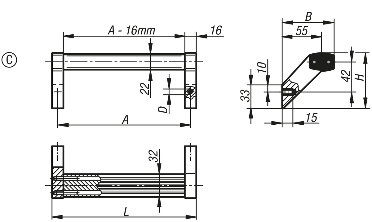 Rohrgriffe Aluminium mit Aluminium-Griffschenkel, schrägstehend, Form C