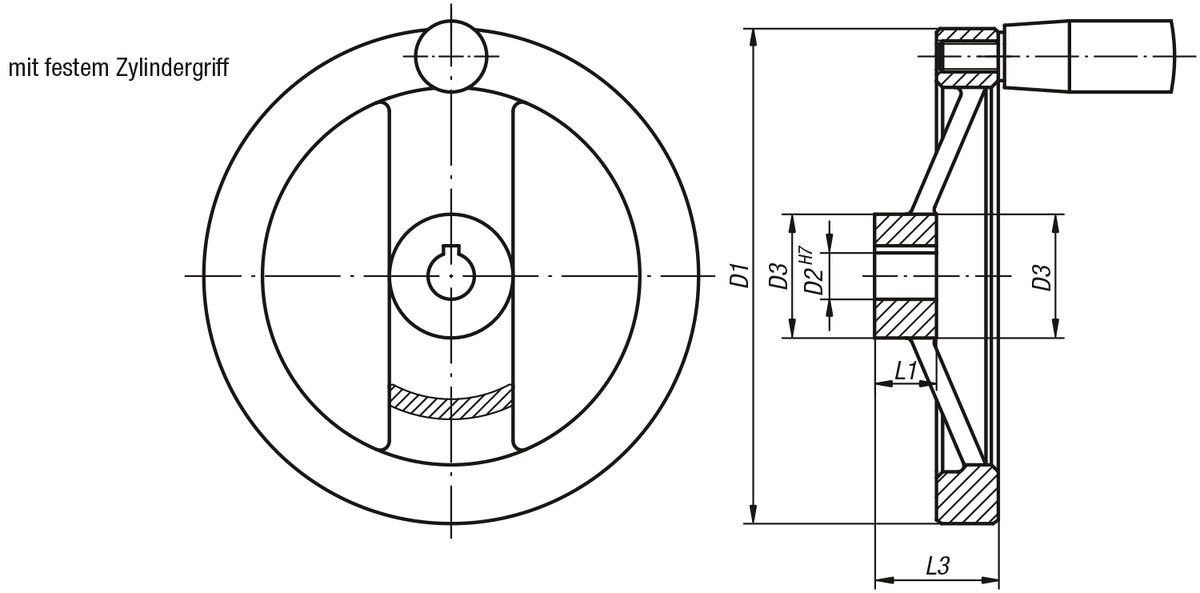 2-Speichenhandräder aus Aluminium, gerader Radkranz, mit festem Zylindergriff