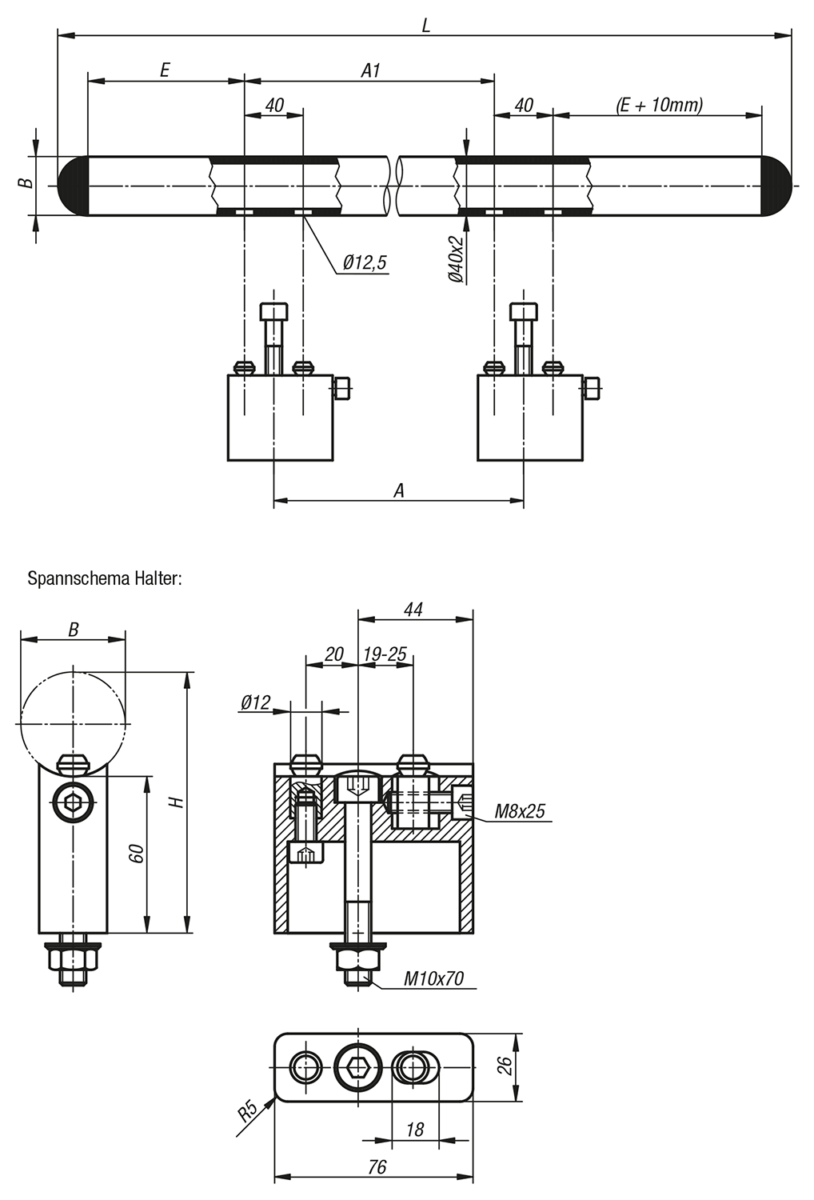 Rohrgriffe Edelstahl mit Aluminium-Rohrhalter