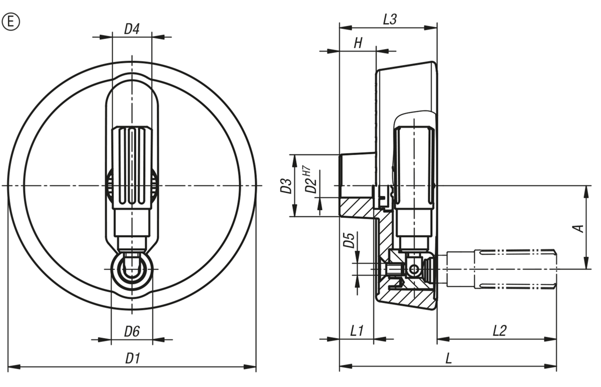 Scheibenhandräder Aluminium mit Zylindergriff umlegbar, Form E, mit Passbohrung