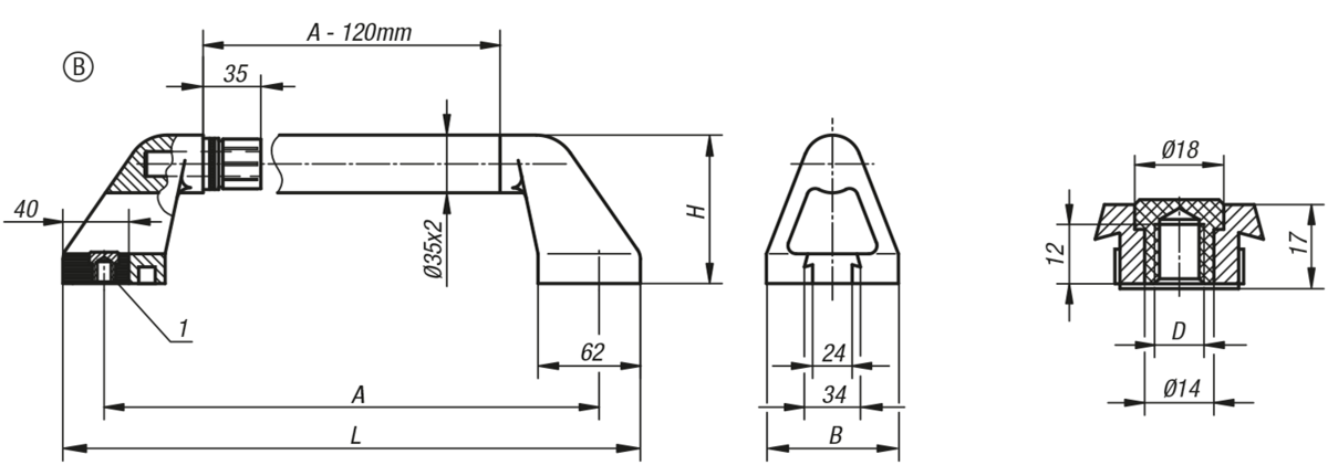 Rohrgriffe Form B, mit Gewindeeinsatz