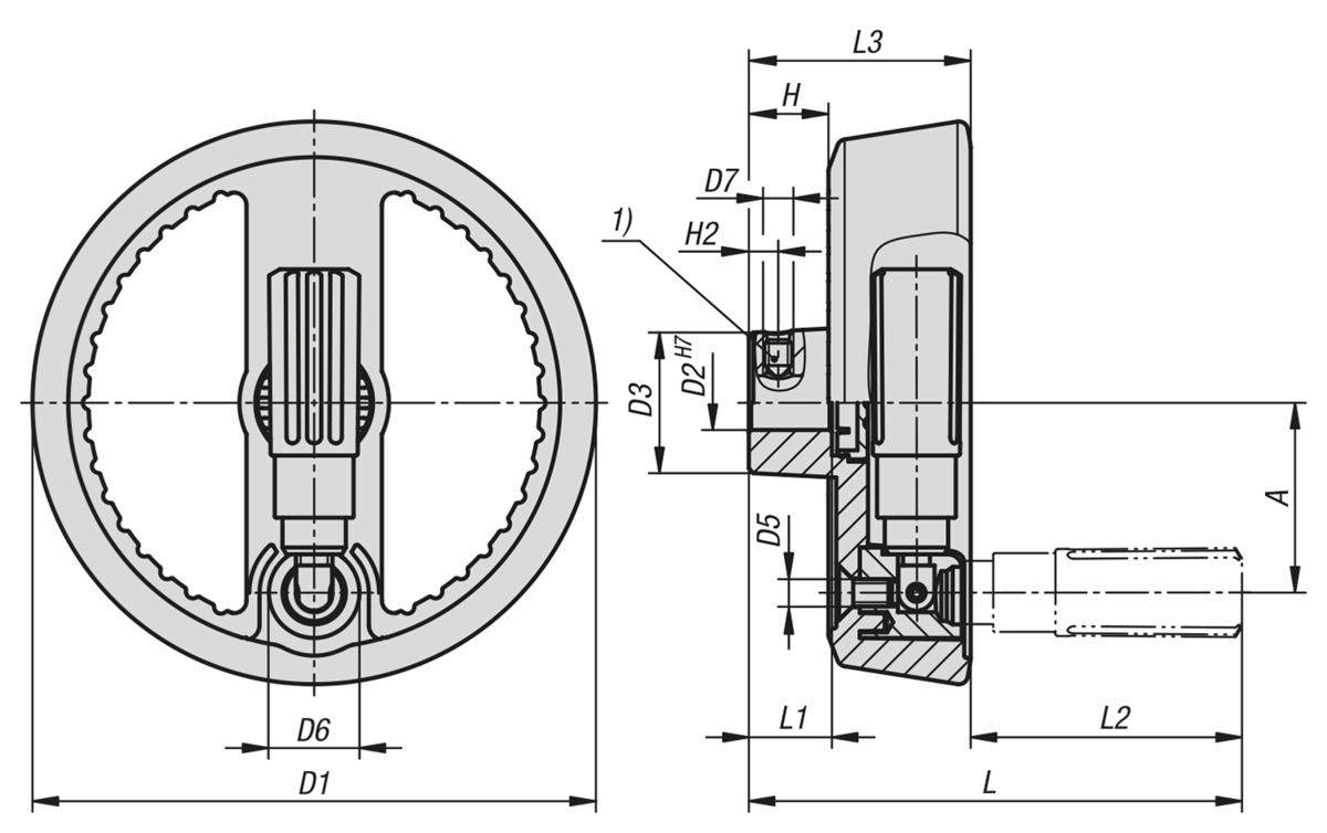 2-Speichenhandräder Aluminium mit Zylindergriff umlegbar, Form B, mit Passbohrung, Passfedernut und Querbohrung