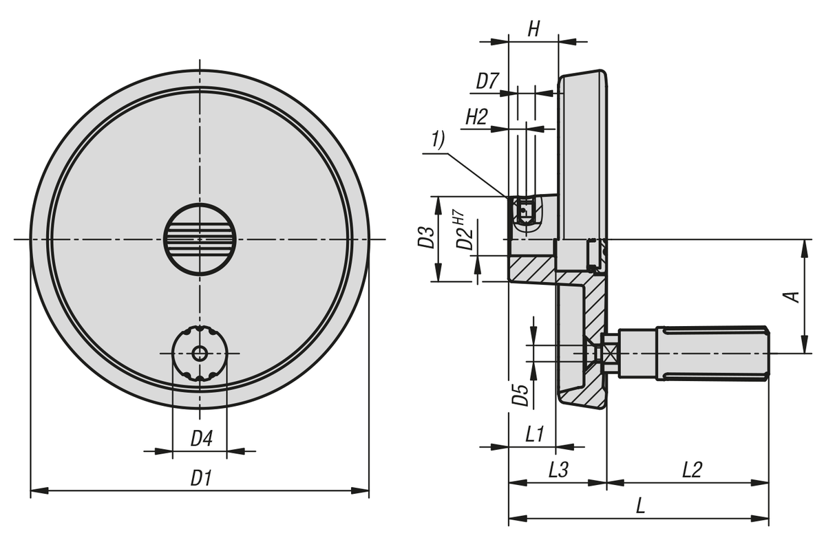 Scheibenhandräder Aluminium mit Zylindergriff drehbar, Form E, mit Passbohrung