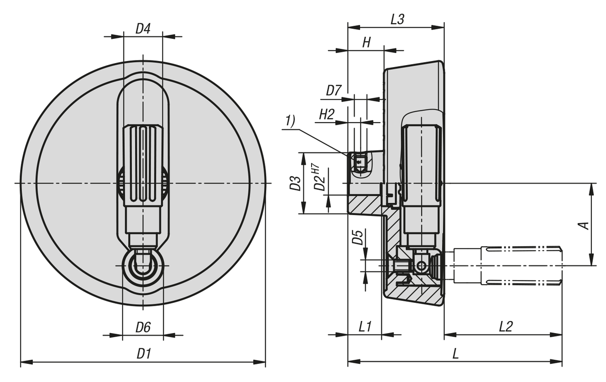 Scheibenhandräder Aluminium mit Zylindergriff umlegbar, Form A, mit Passbohrung und Querbohrung