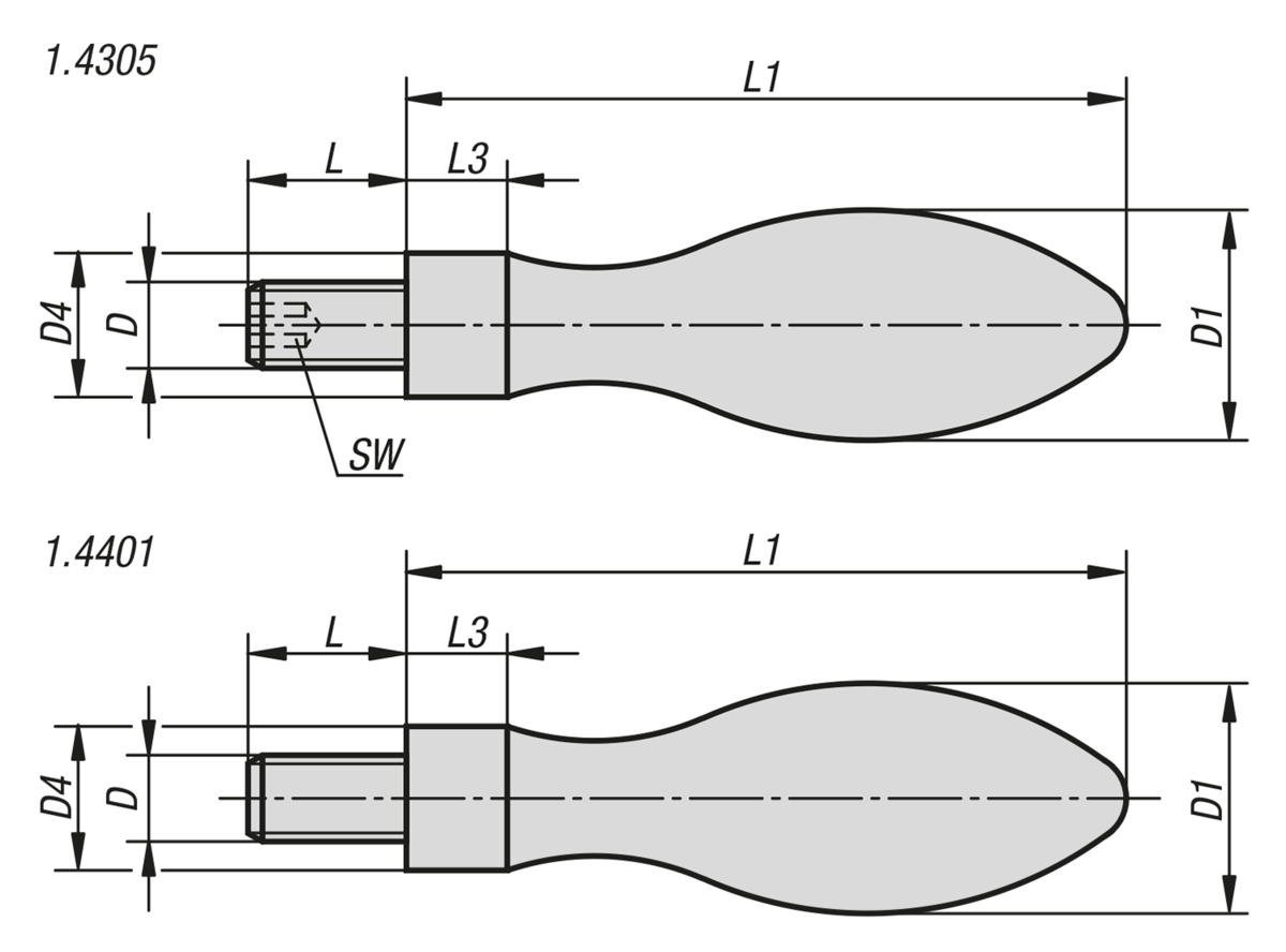 Poignée fixe DIN 39, Forme E, en Inox