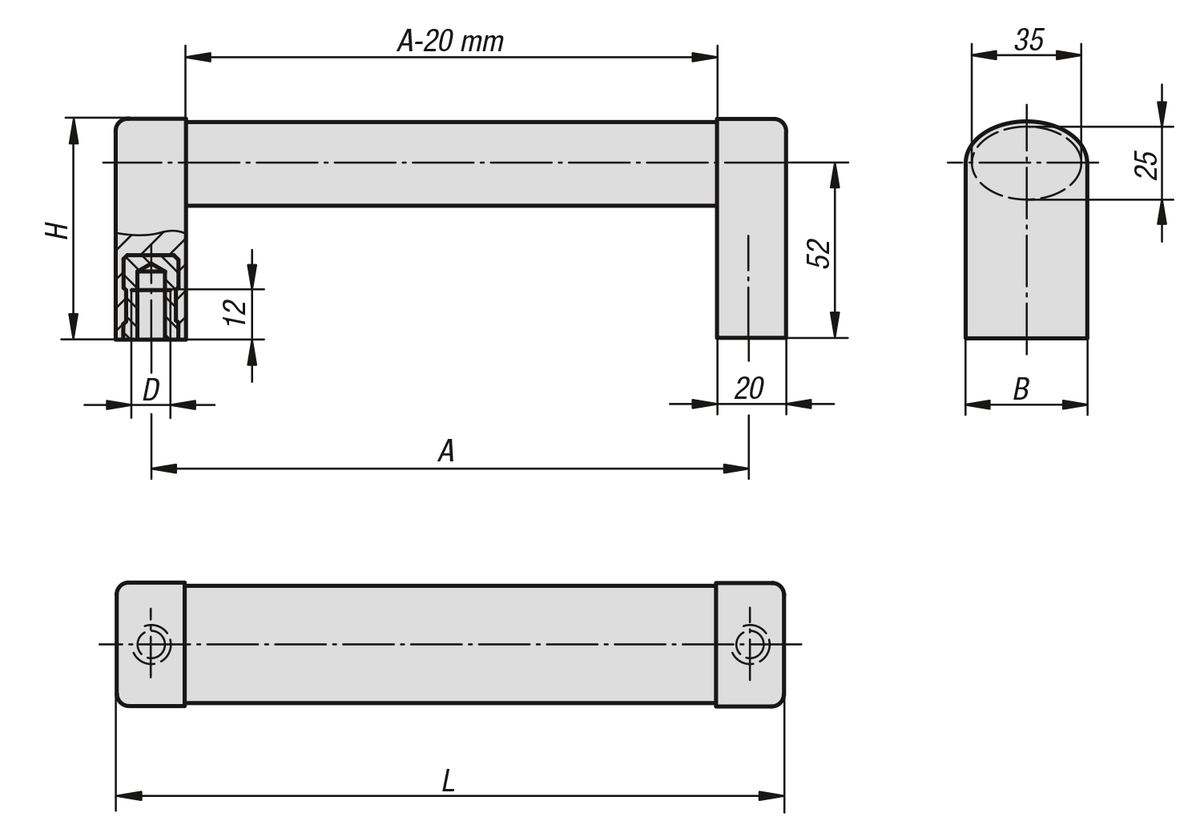 Poignées tubulaires en aluminium avec embout en plastique