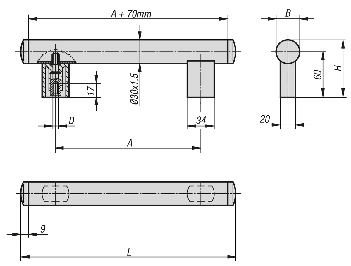 Maniglie tubolari in alluminio con supporti per tubo in plastica