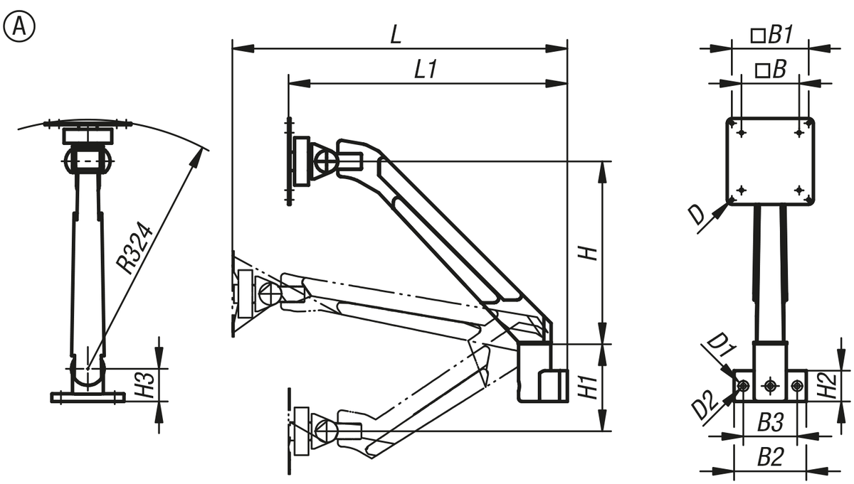 Monitorhalterung Aluminium, höhenverstellbar
4 oder 5 Achsen, Form A, 4 Achsen