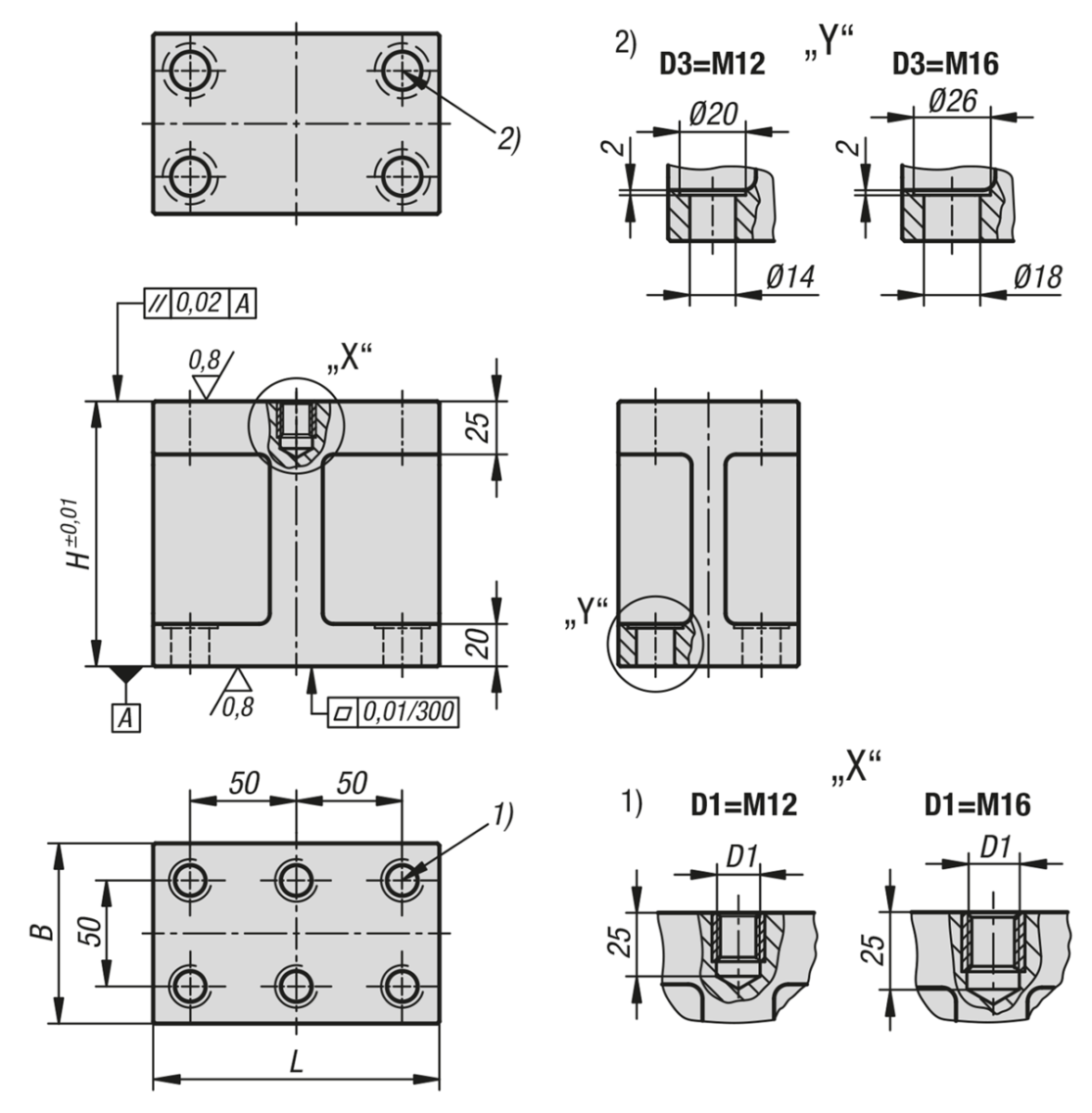 Blocs entretoises en fonte grise forme H, modèle long